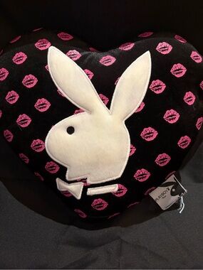 PLAYBOY Black Heart Pillow with White Bunny and Pink Kiss Print (2009)